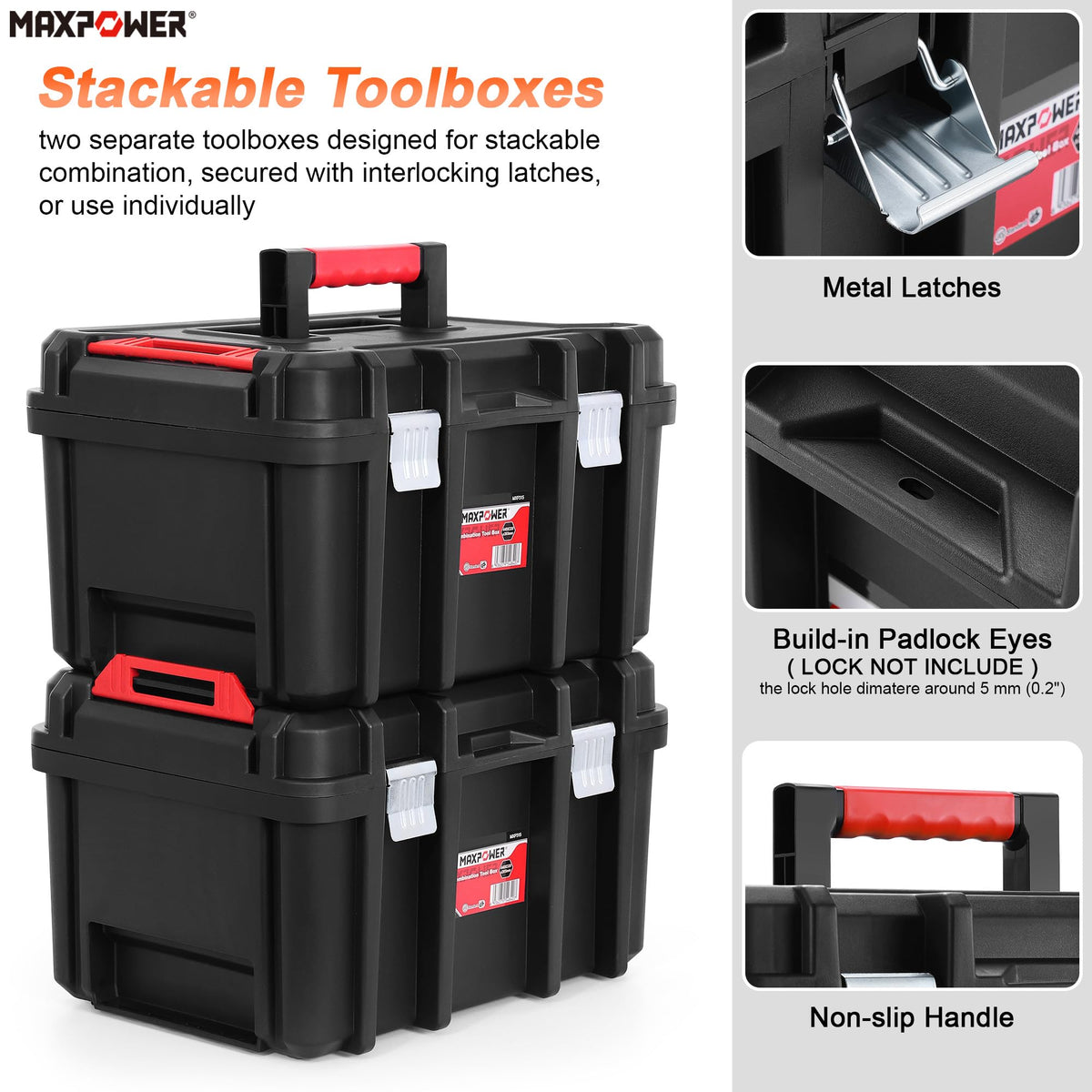 16-inch Stackable Tool Box, 10" H, Metal Latches, Removable Tray