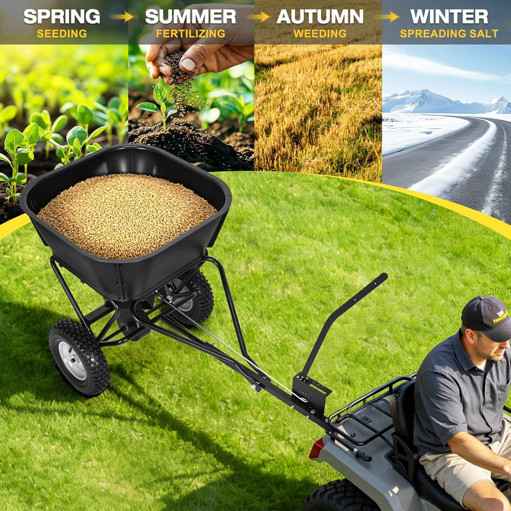 Tow Behind Broadcast Spreader, 130 LBS Capacity Lawn Fertilizer Spreader for Riding Mower, ATV, UTV & Tractor, 12 FT