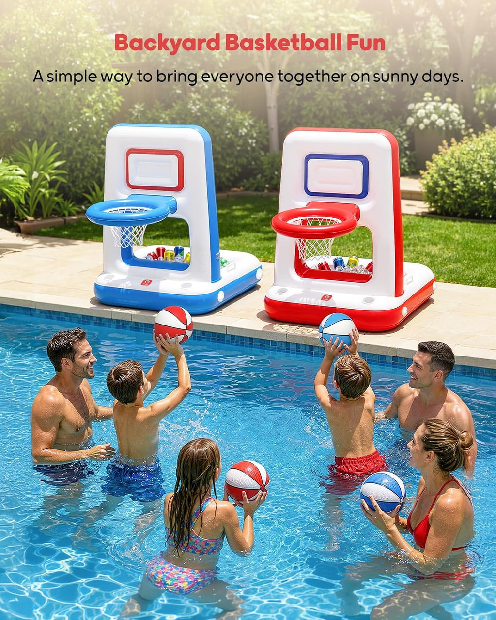 Pool Basketball Hoop with Built-in Cooler, 42" Poolside & Floating Inflatable Basketball Hoop for Family Pool Party —