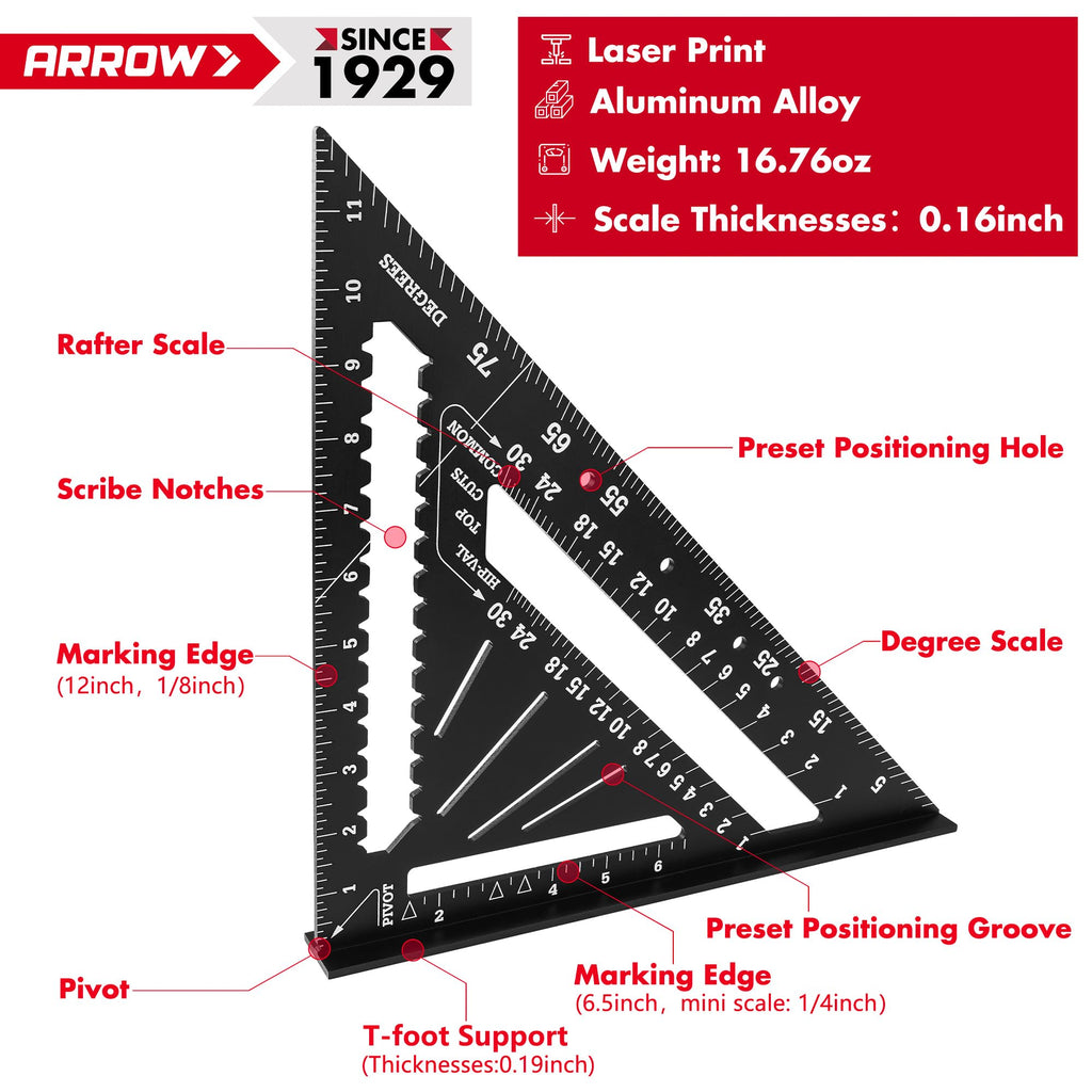 Arrow Aluminum Alloy Rafter Square, 12-Inch Carpenter Square Layout Tool