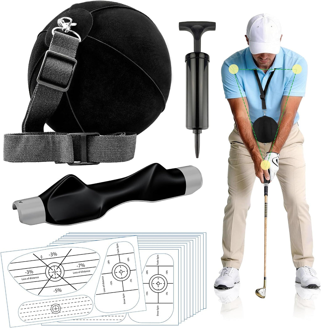 Golf Training Aids Kit, 3-in-1 Swing Training Set with Trainer Grip, Impact Tape for Golf Clubs, Inflatable Golf