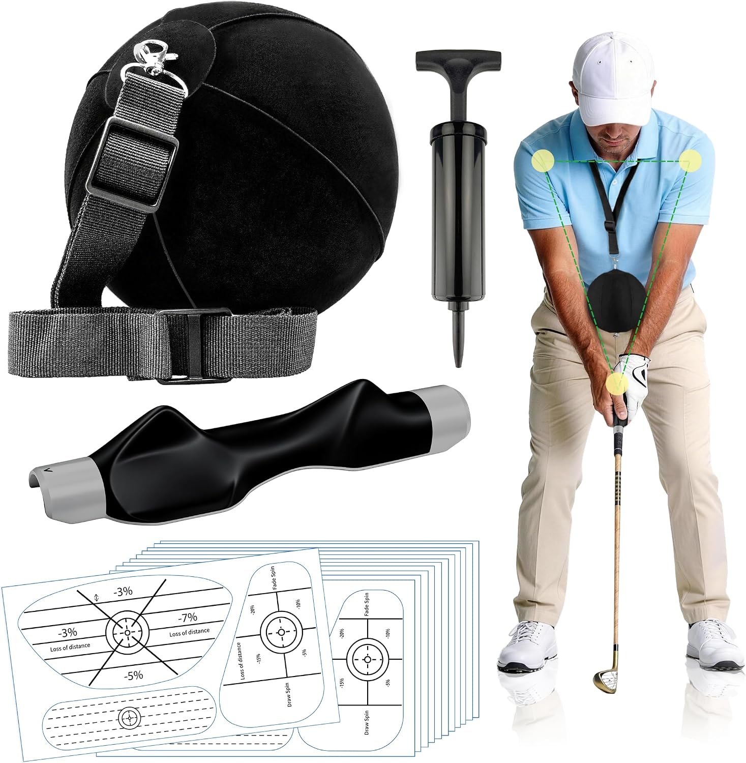 Golf Training Aids Kit, 3-in-1 Swing Training Set with Trainer Grip, Impact Tape for Golf Clubs, Inflatable Golf
