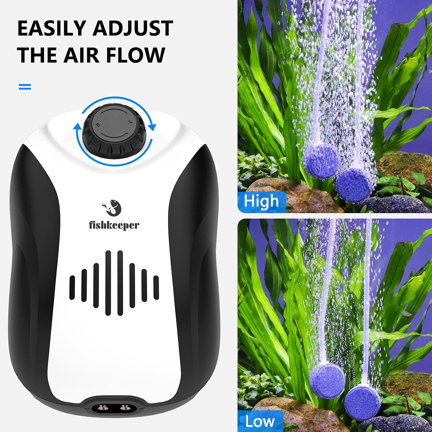 Aquarium Air Pump, 5W Dual Outlet Fish Tank Air Pump | Adjustable Airflow Oxygen Pump, Quiet Bubbler Aerator Pump