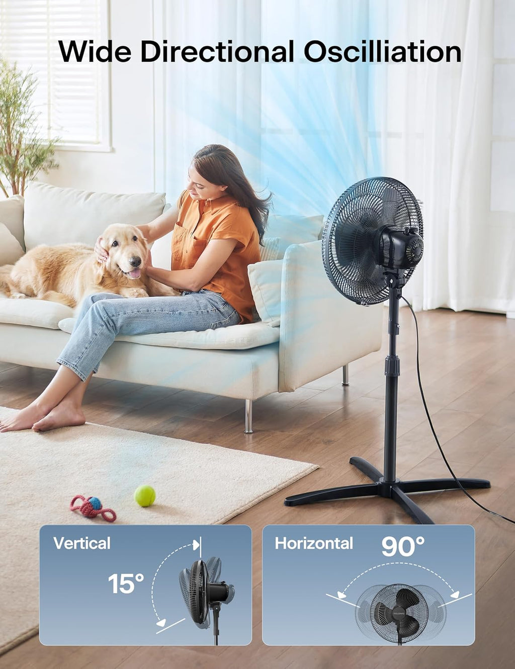 16" Adjustable Oscillating Pedestal Fan for Bedroom, Black | Budget Friendly 3-Speed Standing Fan with wide