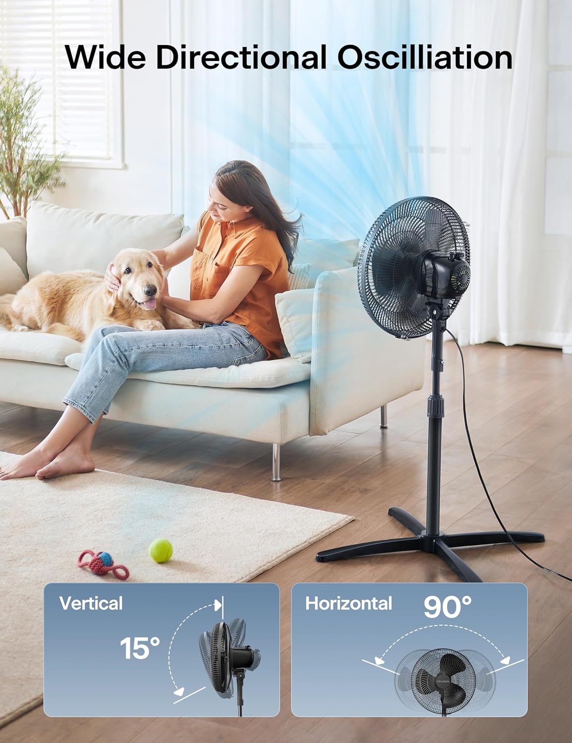 16" Adjustable Oscillating Pedestal Fan for Bedroom, Black | Budget Friendly 3-Speed Standing Fan with wide