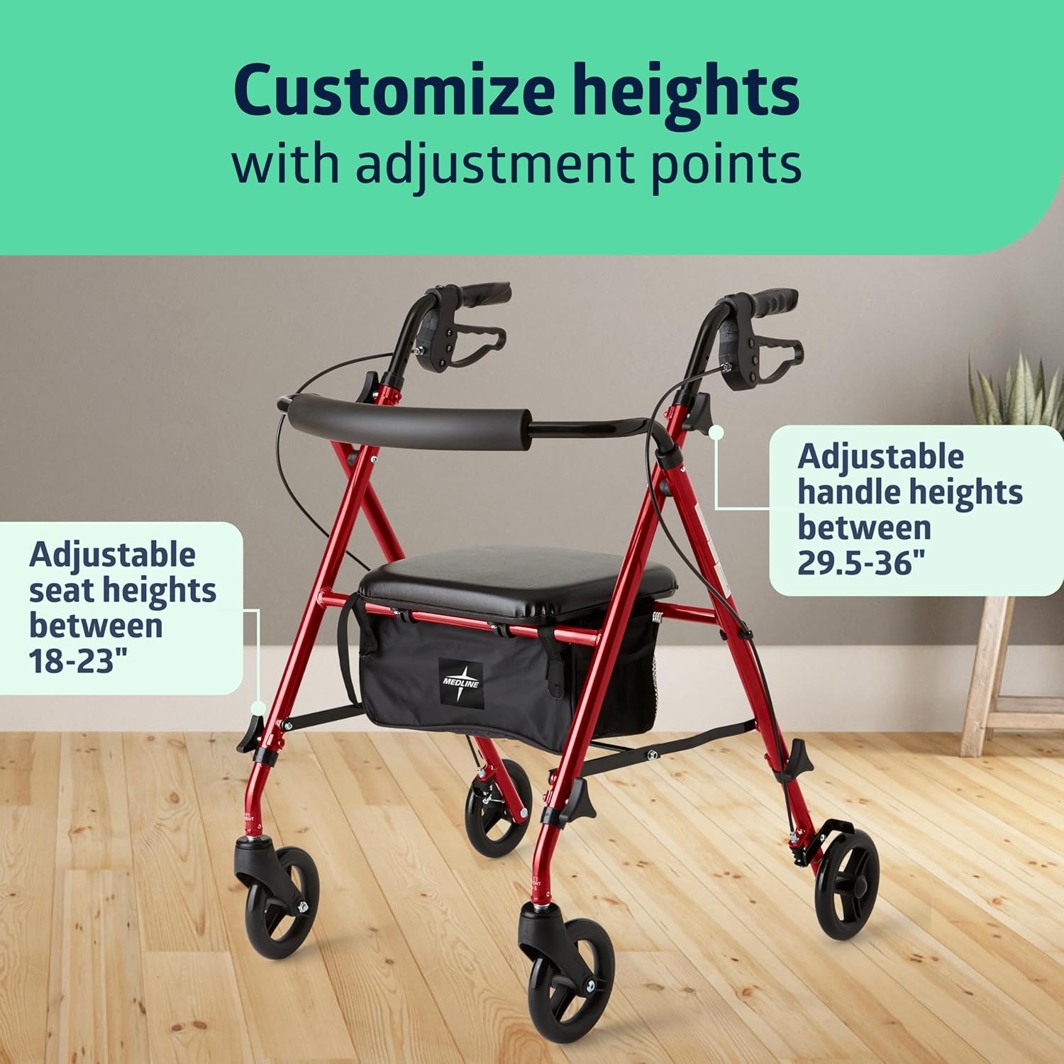 Superlight Folding Aluminum Mobility Rollator Walker, Red, 250 lb. Weight Capacity, 6" Wheels, Adjustable Arms and