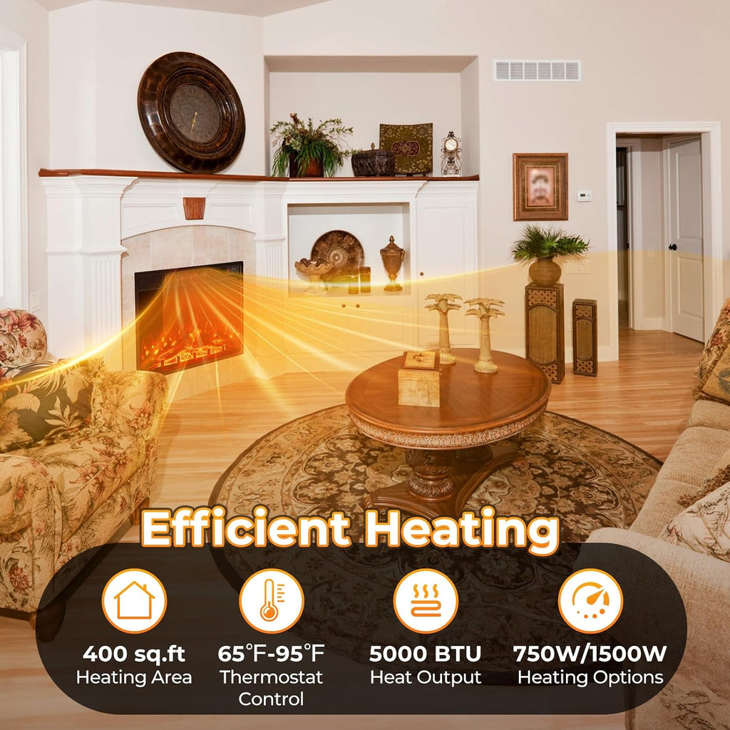 23 Inches Electric Fireplace Insert, 750W/1500W Fireplace Heater with Remote Control, Adjustable Flame Color &