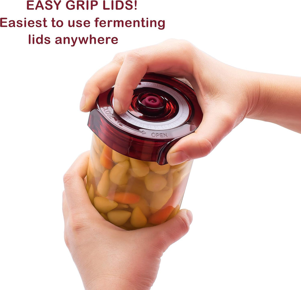 Fermenting Lids for wide mouth mason jars. 4 waterless airlock fermentation lids kit. Easy Grip fermenter lid with