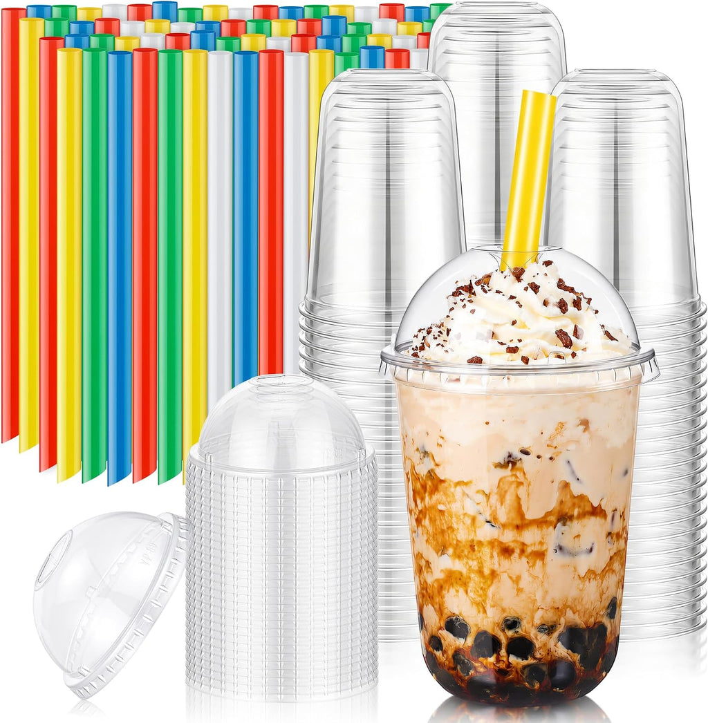 50Pack 16oz Plastic Boba Cups with Dome Lids and Colorful Straws