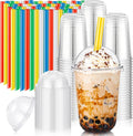 50Pack 16oz Plastic Boba Cups with Dome Lids and Colorful Straws