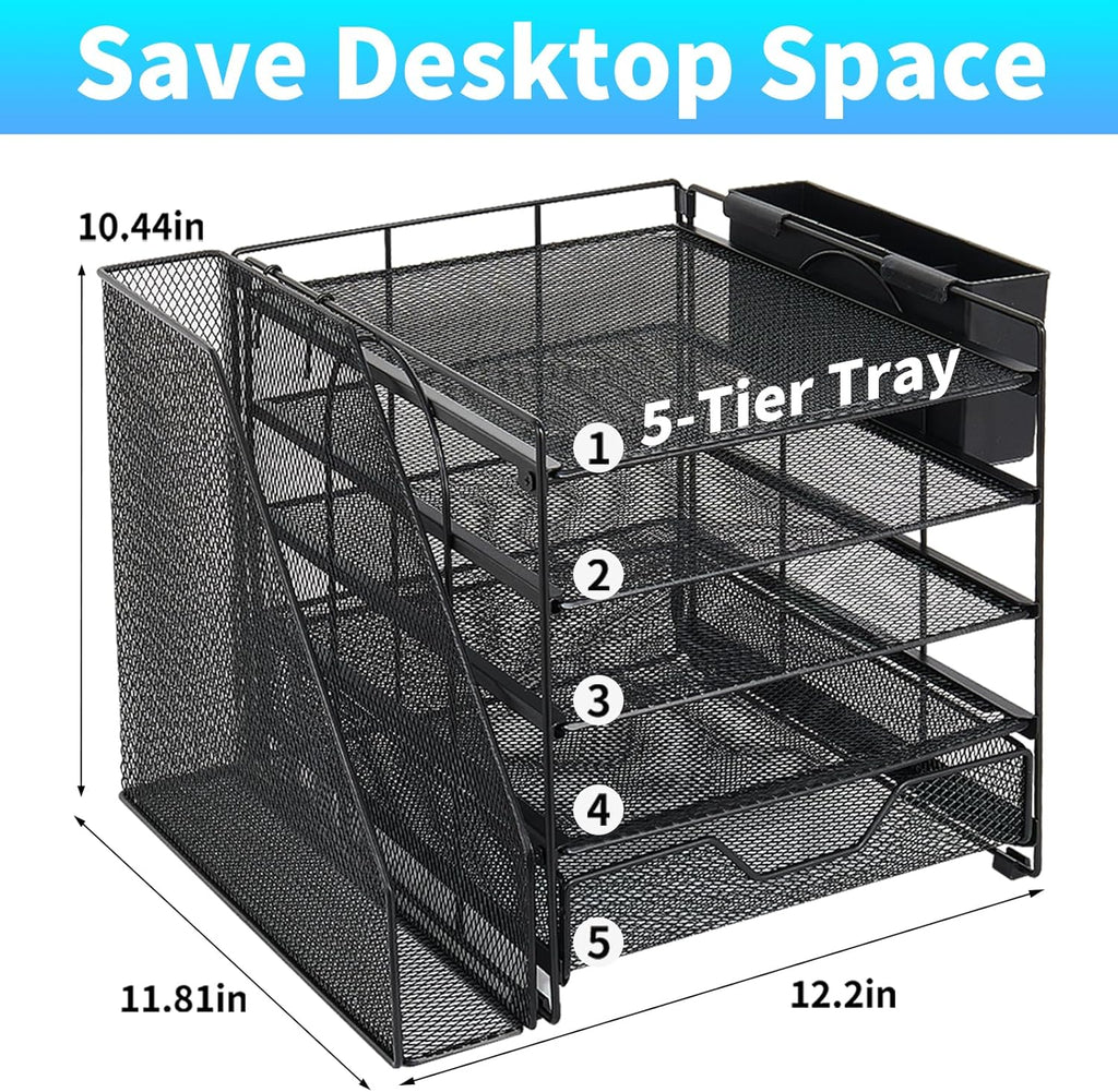 Desk Organizers and Accessories, 5-Tier Paper Letter Tray Organizer with File Holder, Drawer & Pen Holder, Office