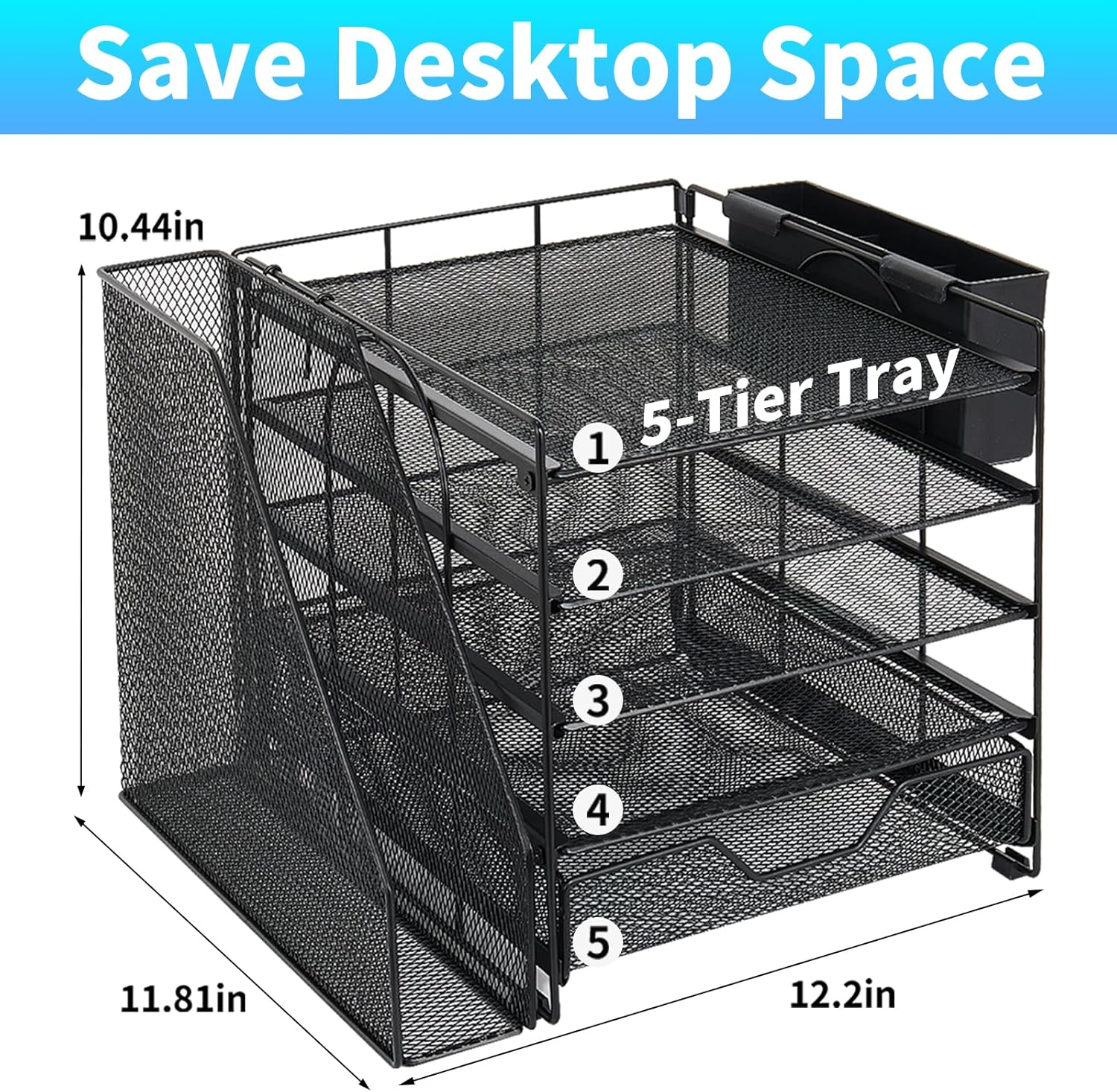 Desk Organizers and Accessories, 5-Tier Paper Letter Tray Organizer with File Holder, Drawer & Pen Holder, Office