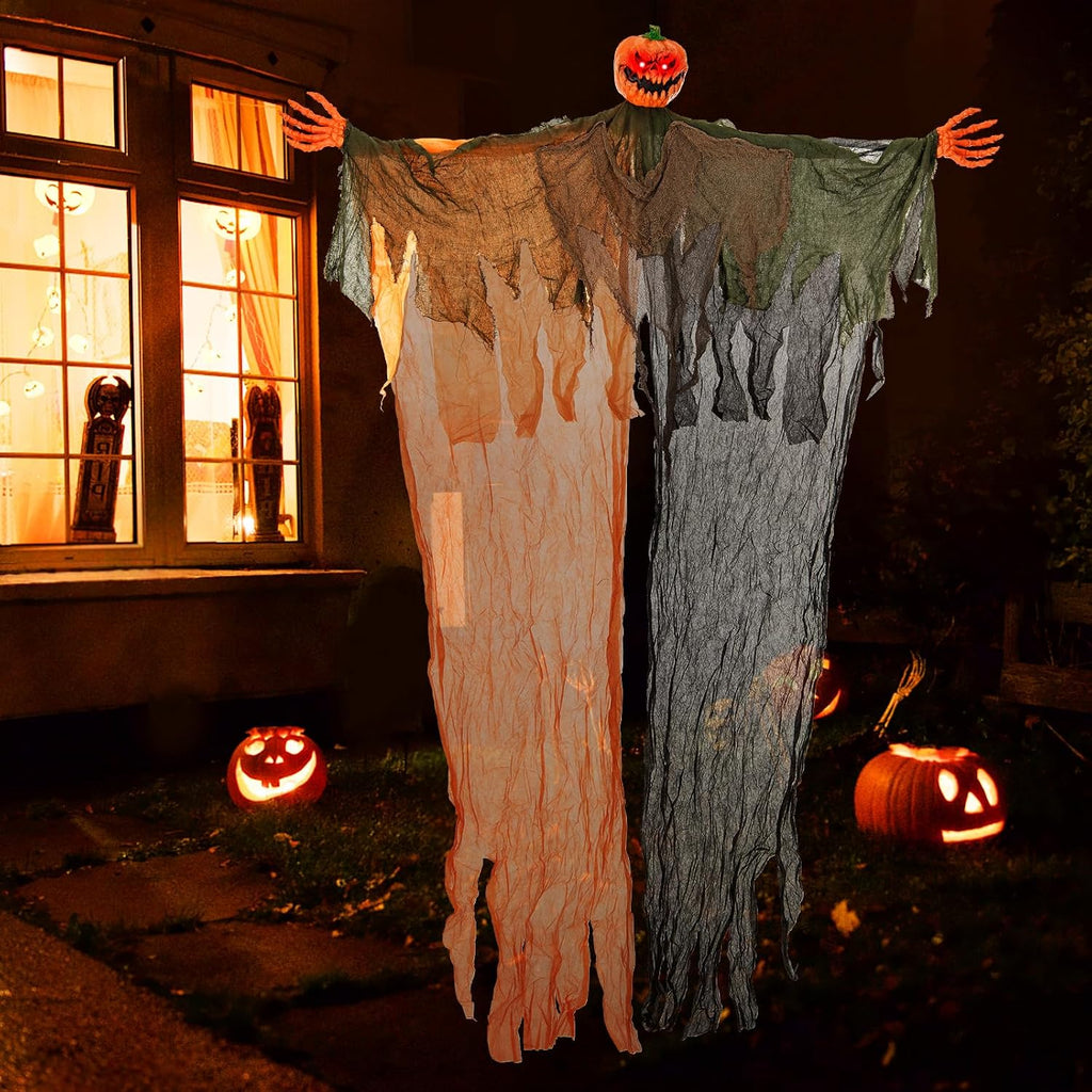 8.2 FT Hanging Pumpkin Ghost, Light-up Scary Prop for Haunted House with Red Glowing Eyes & Bendable Arms, Hanging