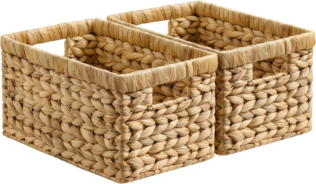 Wicker Basket, Baskets for Organizing, Storage Basket with Built-in Handles, Water Hyacinth Shelves (Medium 2-Pack