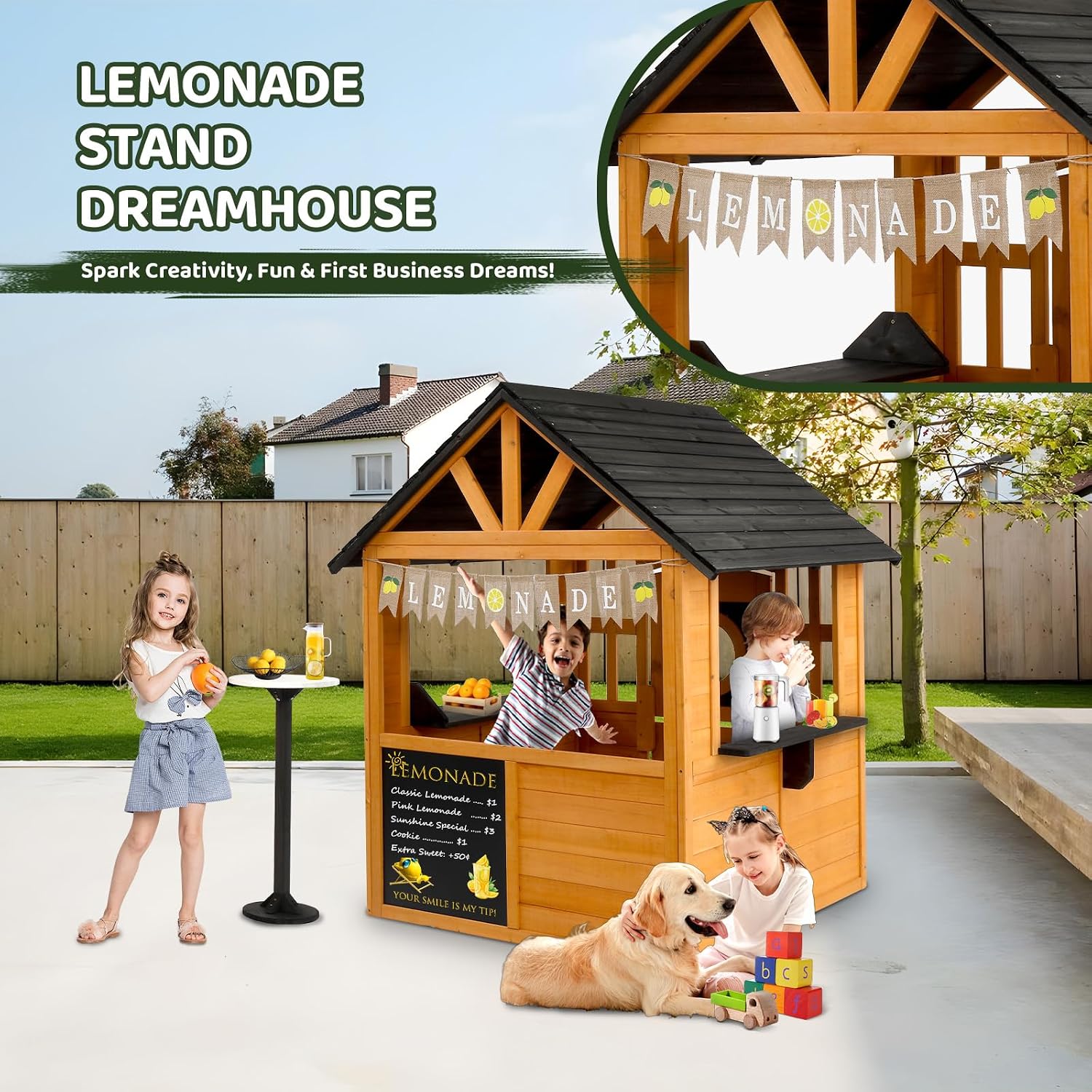 Kids Outdoor Playhouse with Snack Bar, Chalkboard & Lemon Banner, Toddler Outdoor Toys for Backyard Garden Indoor