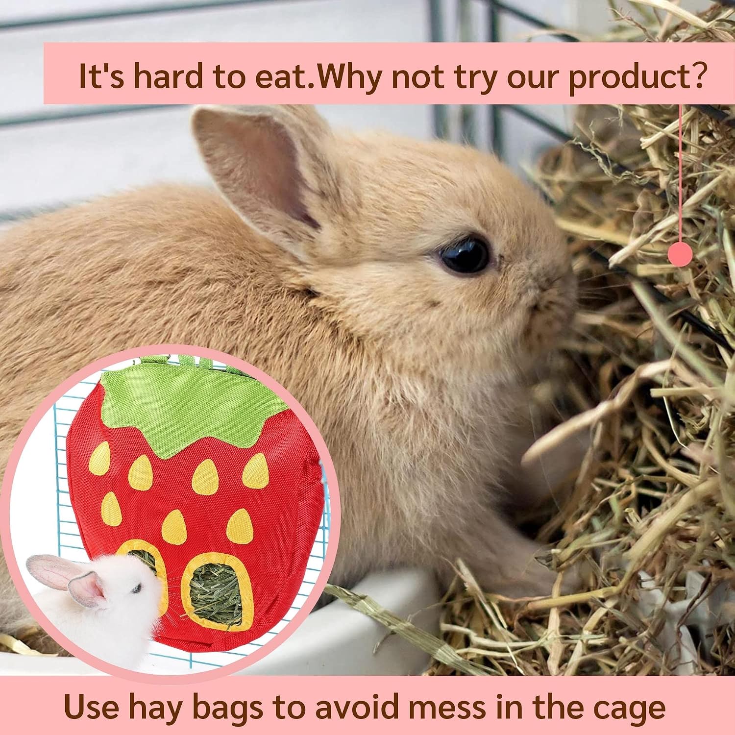 Rabbit Hay Feeder Bag for Cage Guinea Pig Timothy Hay Dispenser Storage Manger Hanging Large Less Waste for Bunny