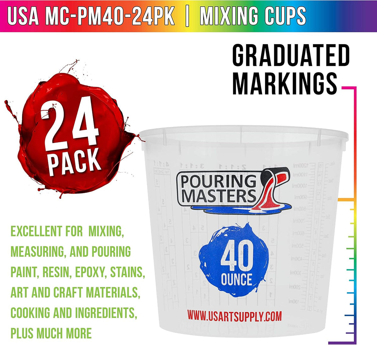 40 Ounce (1200ml) Graduated Plastic Mixing Cups (Box of 24)