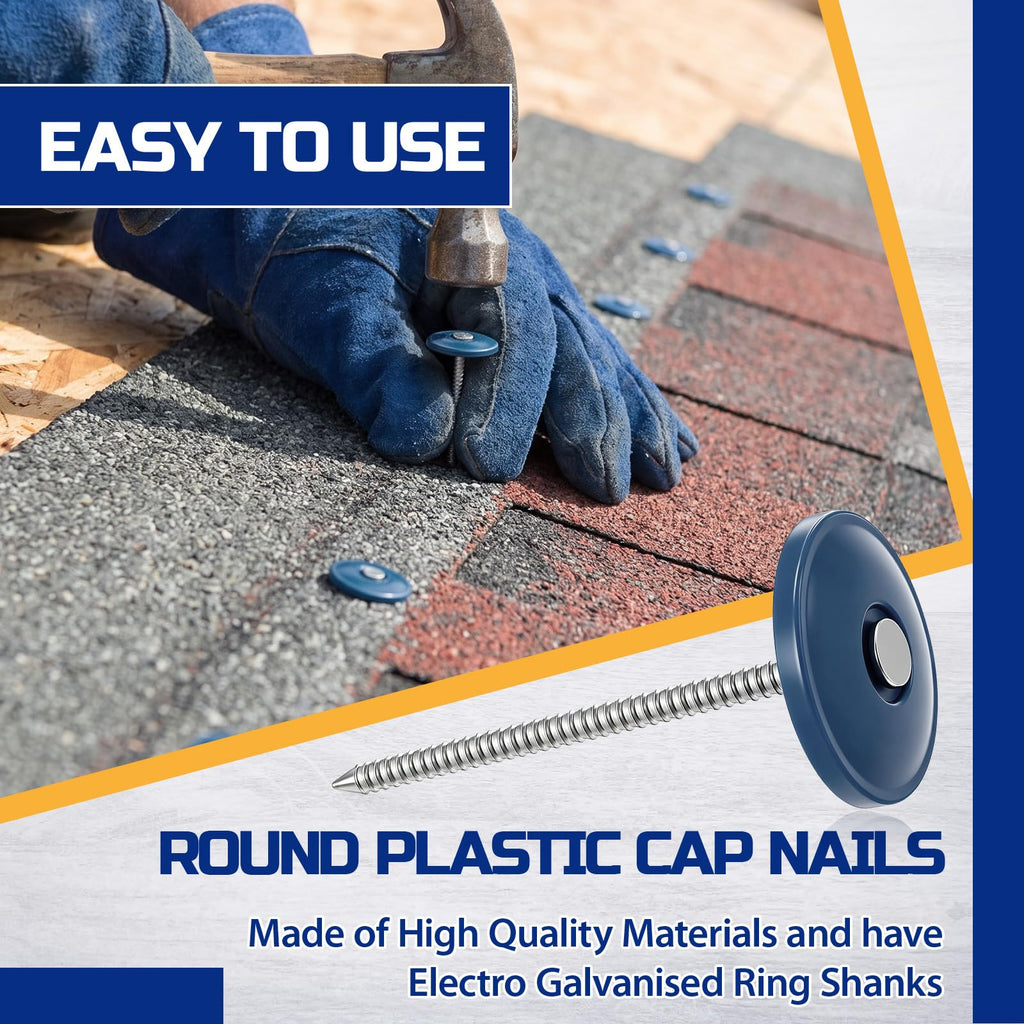 200 Pack 2 Inch Plastic Cap Nails, Round Roofing Nails, Blue