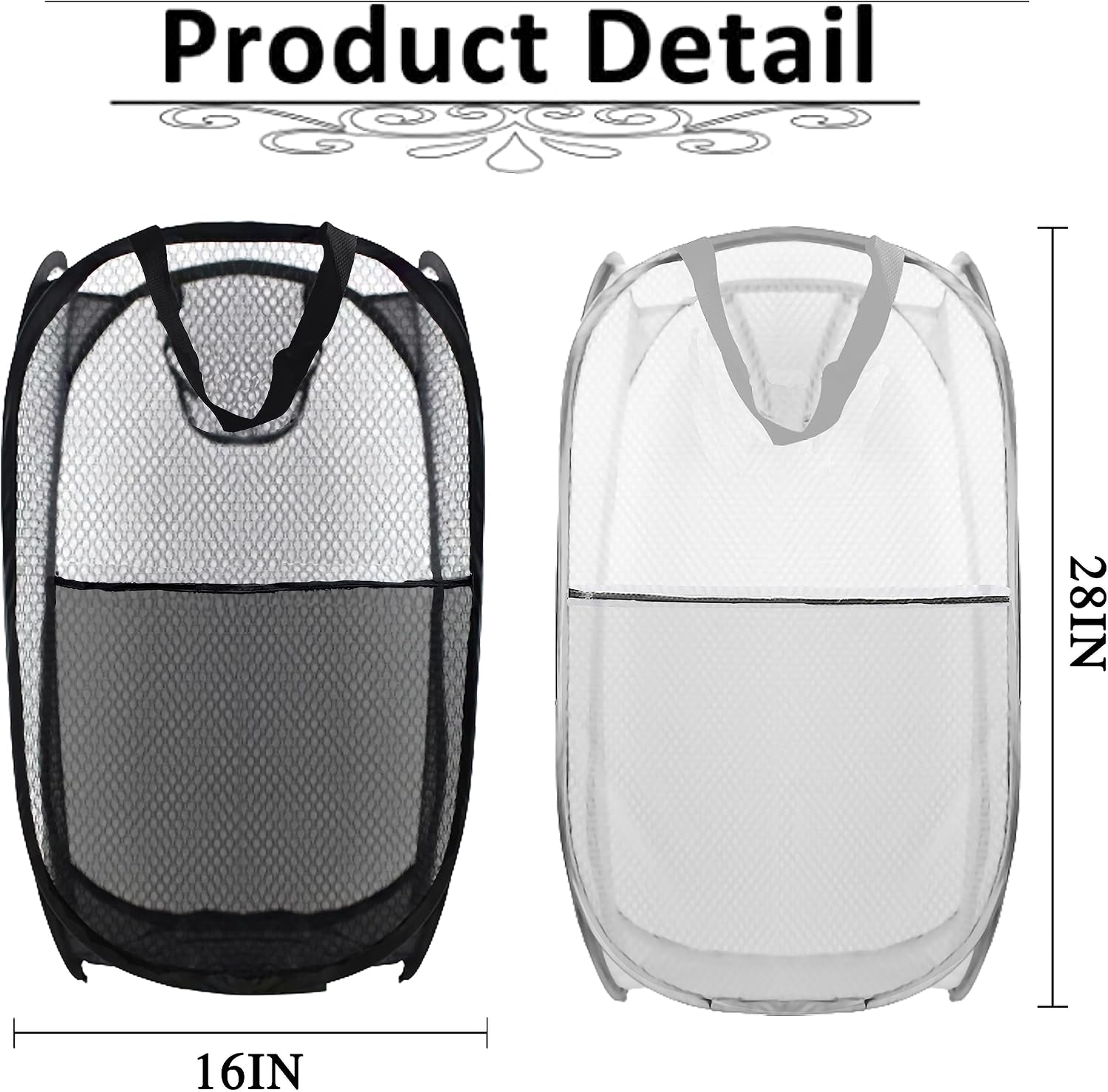 Collapsible Pop Up Laundry Hamper, Extra Large Mesh Foldable Laundry Basket, 28" x 16" x 16", 2 Pack (Black + Grey)