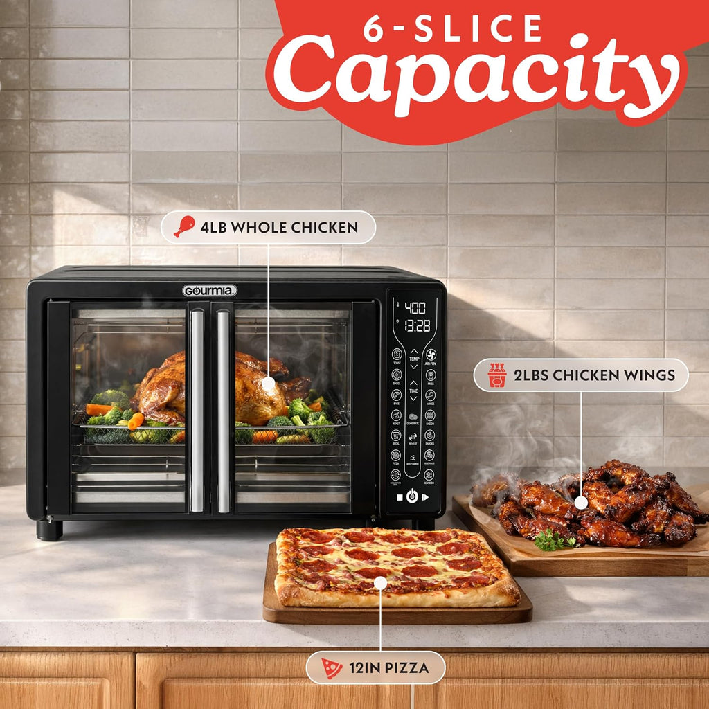 French Door Air Fryer Toaster Oven – 6-Slice Capacity, FryForce 360°, Digital Display with 17 Cooking Presets, Black