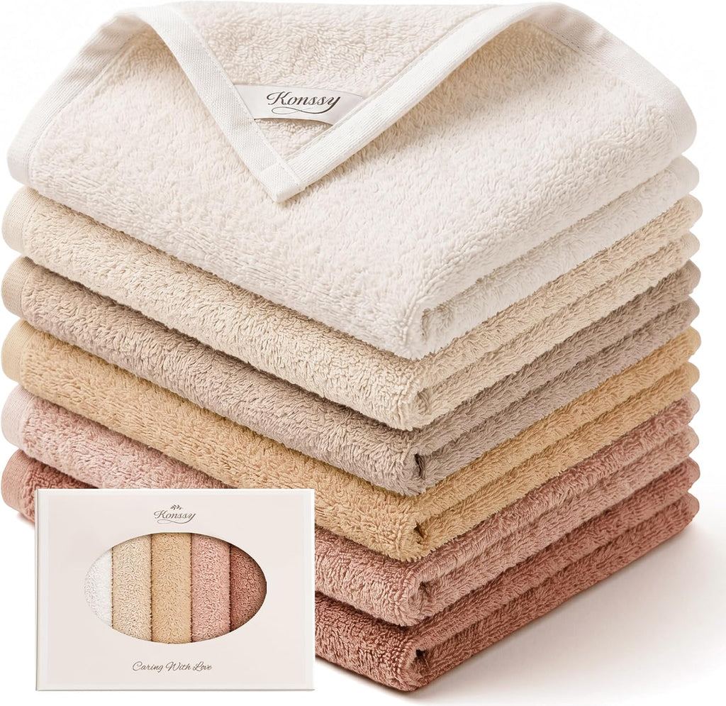 6-Pack 100% Cotton Terry Face Cloths, Soft Wash Cloths for Women | 12" x 12", Absorbent & Reusable Facial Towels for
