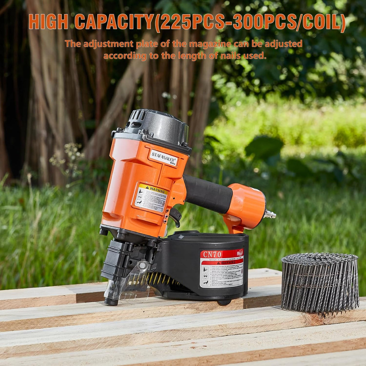 Update CN70 Air Coil Nailer, 15 Degree Pneumatic Coil Nail Gun, 1-3/4" to 2-3/4" Fast Shooting Nailer, High Speed Air