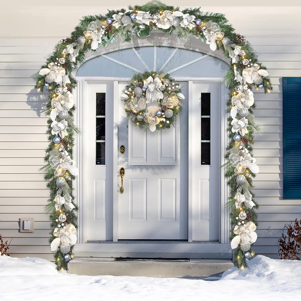 Pre-lit 6 feet Winter White Silver Christmas Garland Decor 20 LED Lights,Garland with Balls and Ribbon Bow,Xmas