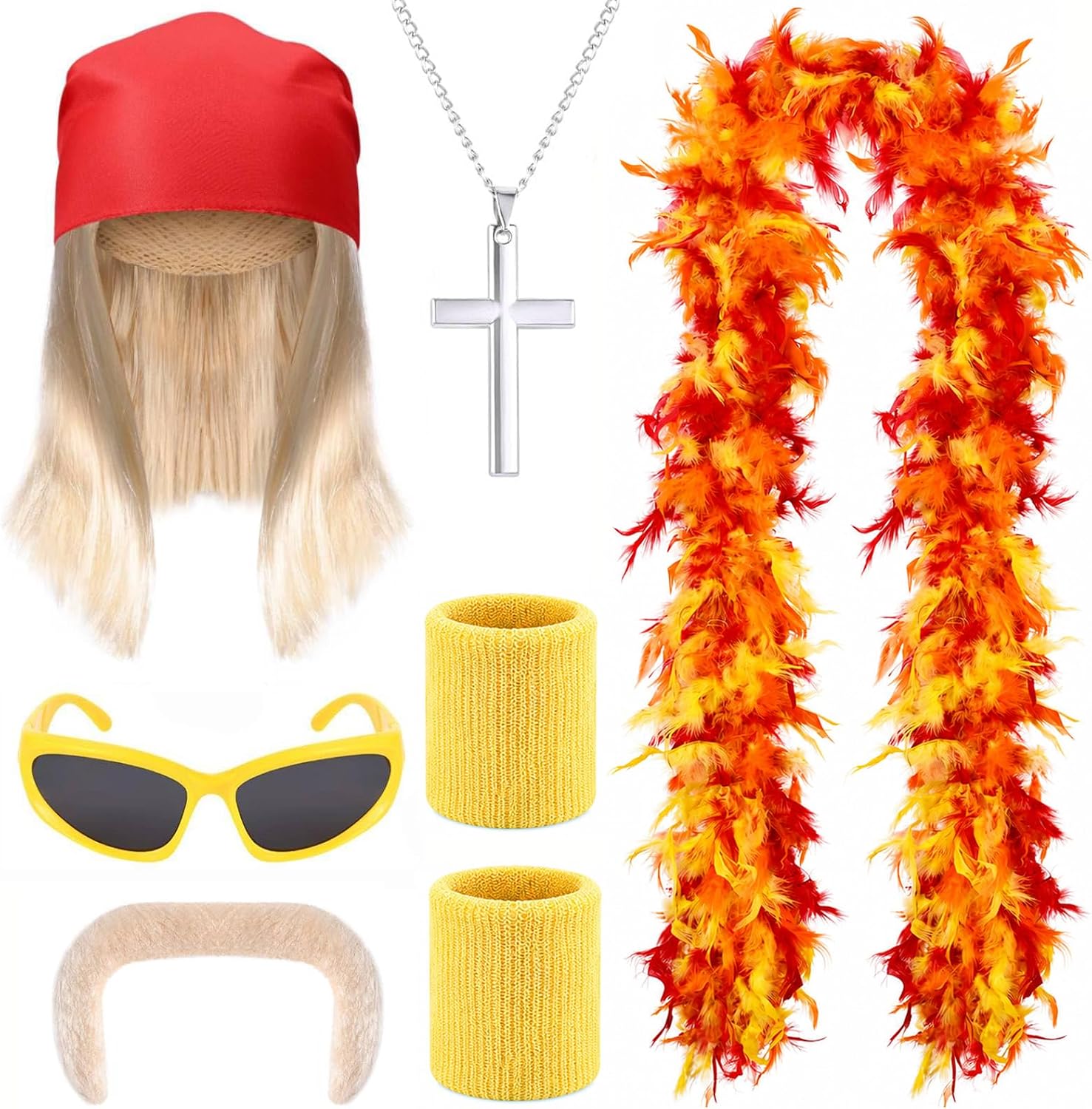 7 Pcs Halloween Wrestler Costume Include Feather Boa Kerchief Wig Moustache Bracers Glasses and Necklace for Men