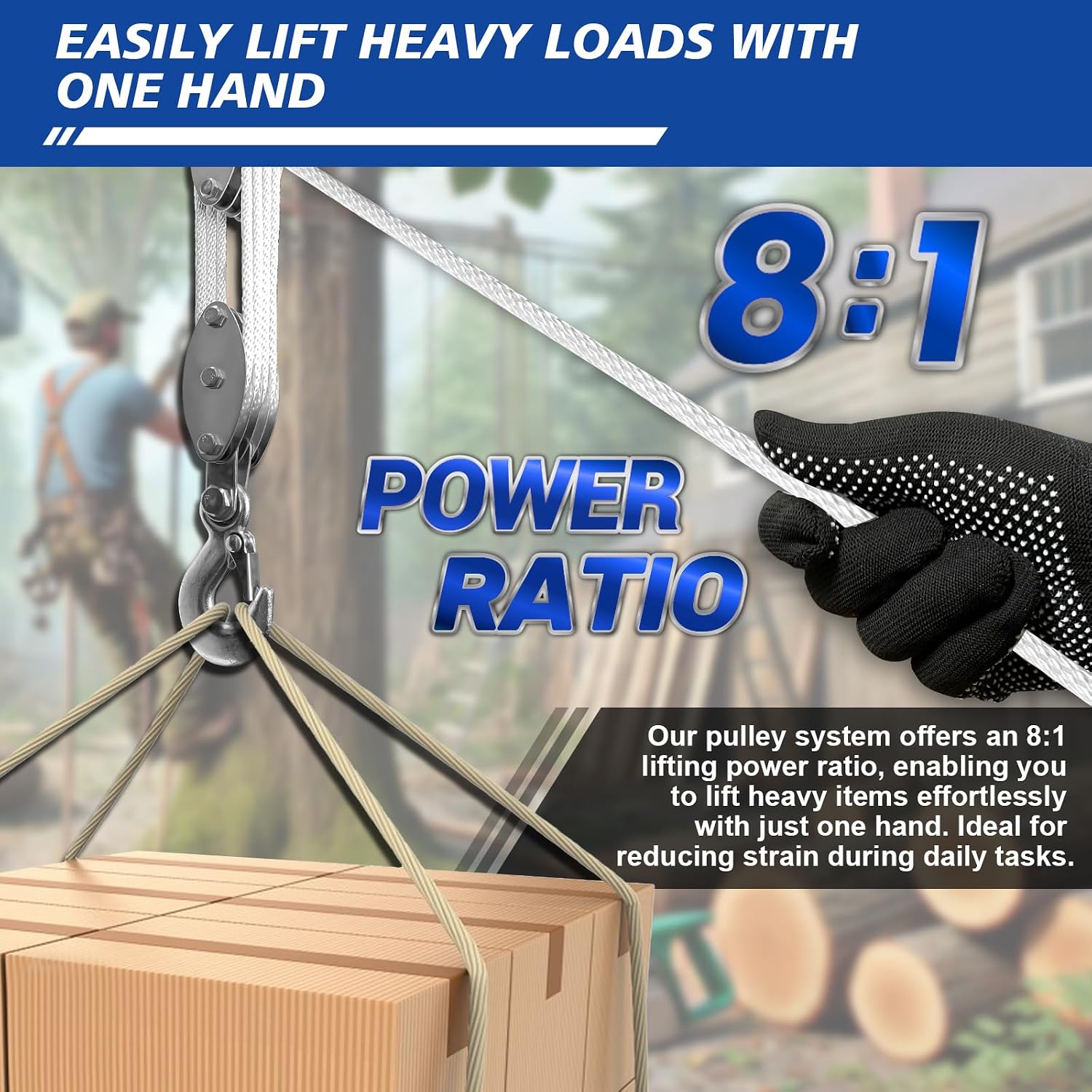 Block and Tackle Pulley System, Upgraded 4-Wheel Rope Pulley Hoist, 8:1 Lifting Power, 2200LB Work Load with 65Ft of