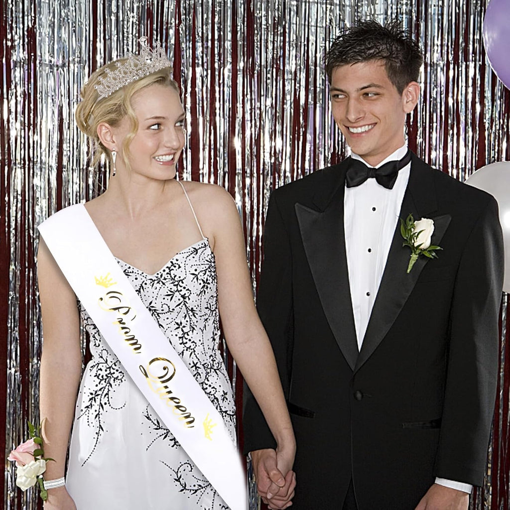 Prom Queen Sash and Tiara Set, Silver Crowns and White Sash - Graduation and Wedding Party Accessories