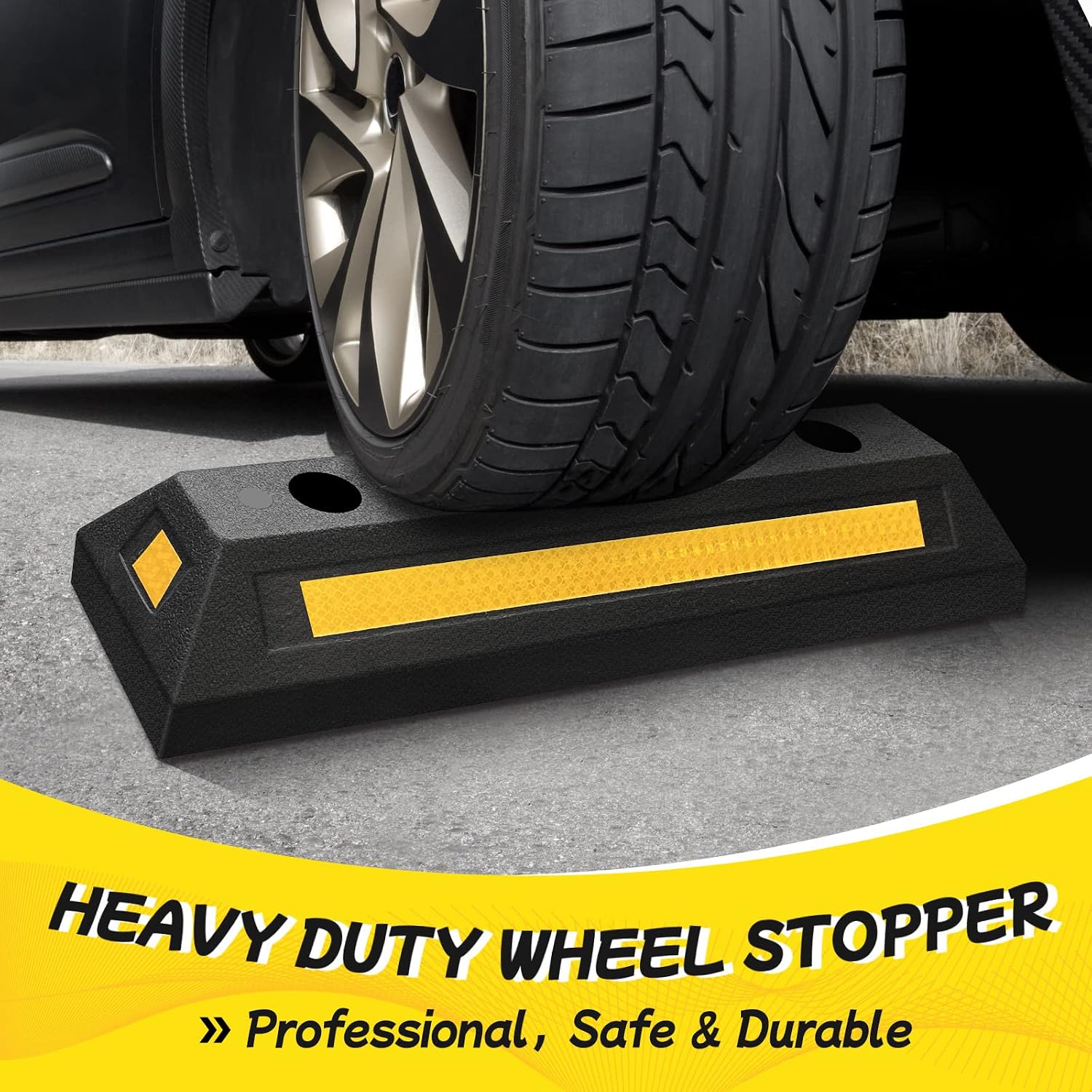 Car Stoppers for Garage, 2 Pack Heavy Duty Rubber Parking Stopper with Expansion Bolts, Reflective Garage Wheel Stop