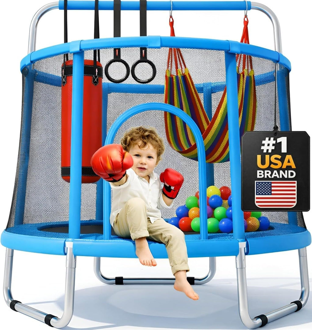 55’’ Trampoline for Kids with Safety Enclosure, Indoor & Outdoor Toddler Trampoline, Ultra Safe Design with Multi