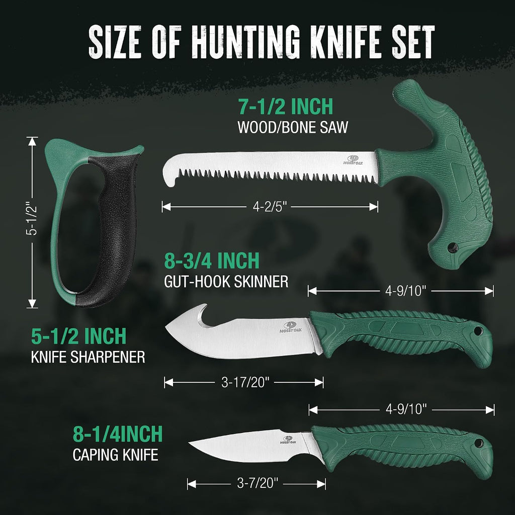 Field Dressing Kit, 4 Pcs Hunting Knife Set with Portable Sheath | Gut-Hook Skinner, Caping Knife, Wood/Bone Saw