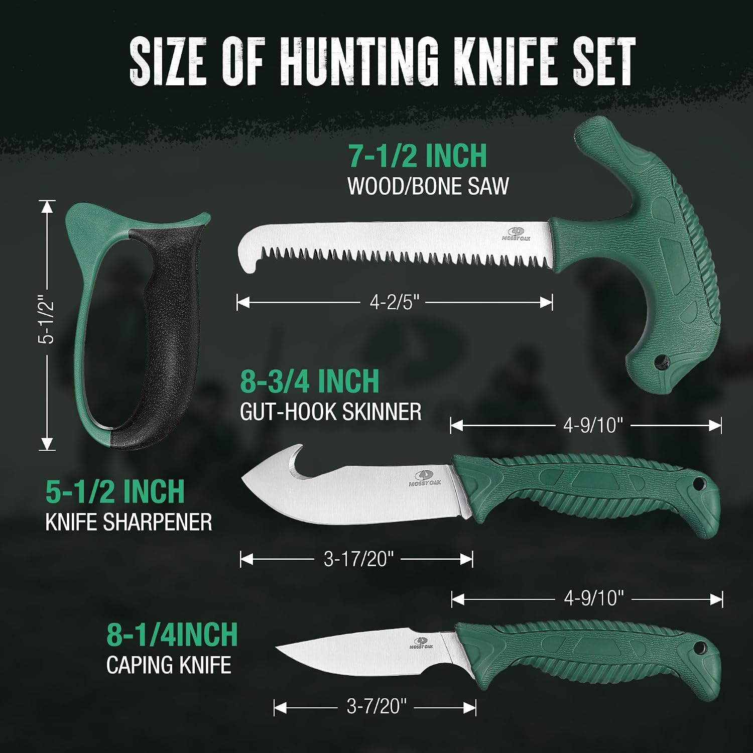 Field Dressing Kit, 4 Pcs Hunting Knife Set with Portable Sheath | Gut-Hook Skinner, Caping Knife, Wood/Bone Saw