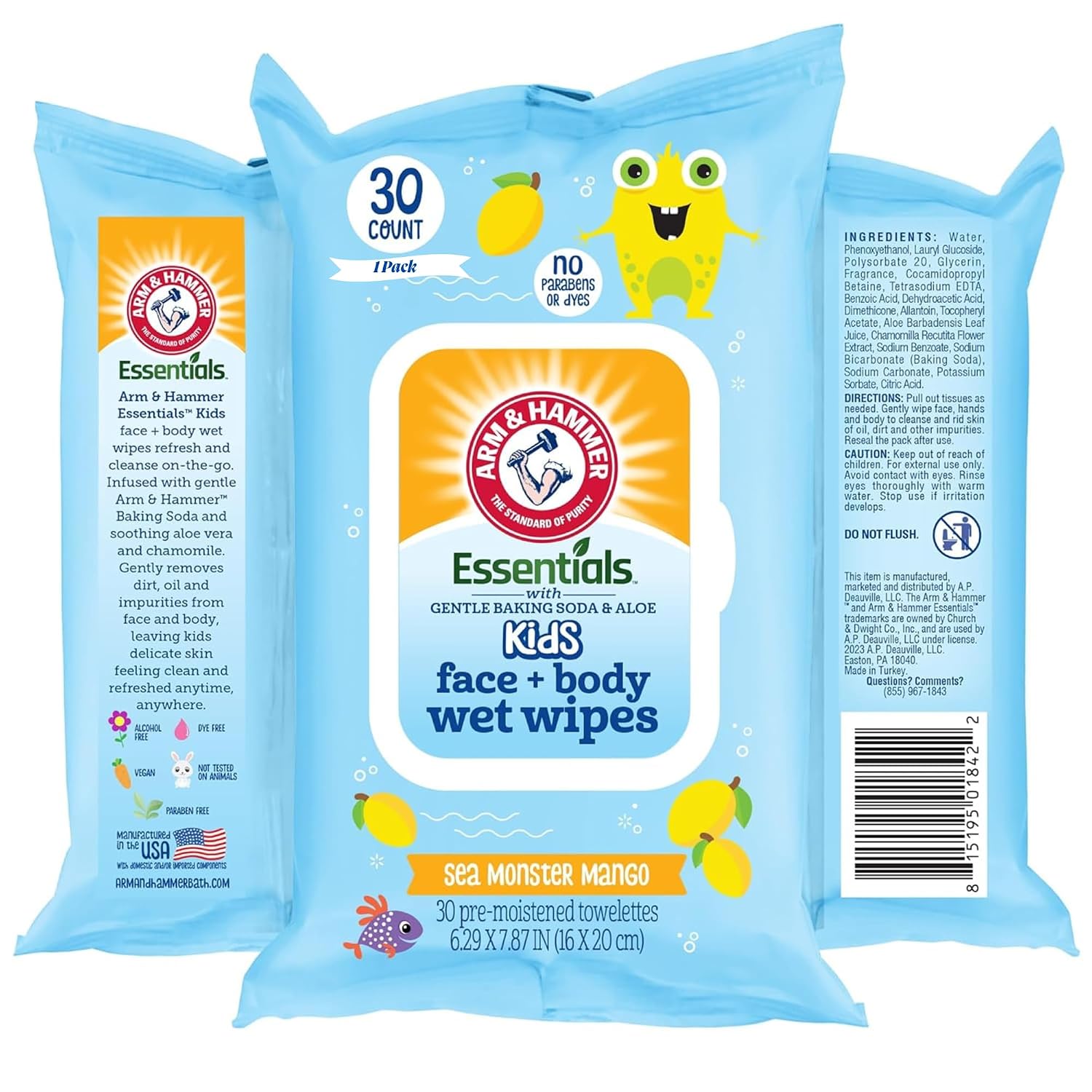 Sea Monster Mango Baby Wipes - 30 Count Travel Friendly Face & Body Wet Wipes - 1 Flip-Top Pack of Towelettes Infused