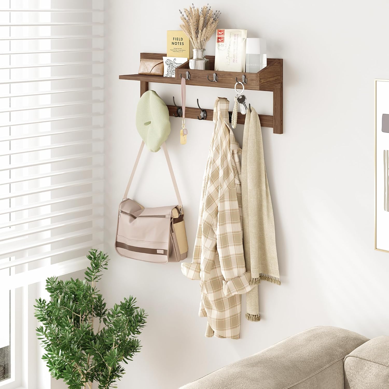 Wall Hooks with Shelf, 26.57 Inch Entryway Wood Coat Hooks for Wall with Shelf, Coat Rack Wall Mount with 5 Dual