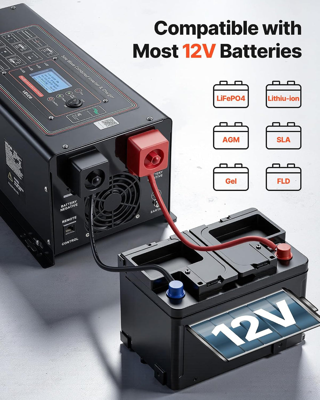 Pure Sine Wave Inverter Charger, 2000W, DC 12V to AC 120V Power Inverter with LCD Display, Remote Control, Low