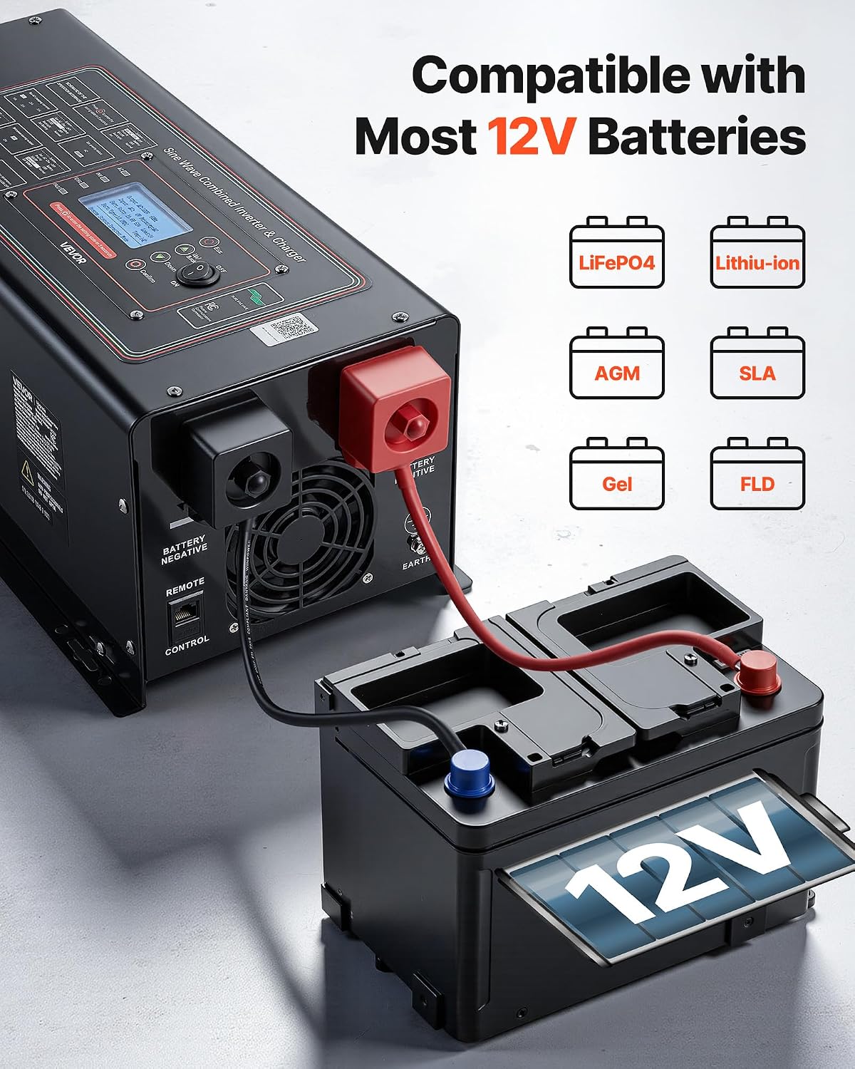 Pure Sine Wave Inverter Charger, 2000W, DC 12V to AC 120V Power Inverter with LCD Display, Remote Control, Low