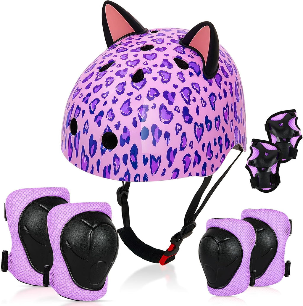 Kids Bike Helmet and Knee Elbow Pads Wrist Guards Set with DIY Cat Ears | Toddler Bike Helmets for Girls 3-14
