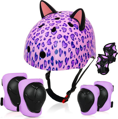 Kids Bike Helmet and Knee Elbow Pads Wrist Guards Set with DIY Cat Ears | Toddler Bike Helmets for Girls 3-14