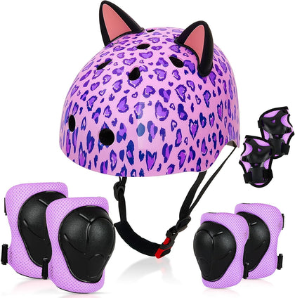 Kids Bike Helmet and Knee Elbow Pads Wrist Guards Set with DIY Cat Ears | Toddler Bike Helmets for Girls 3-14