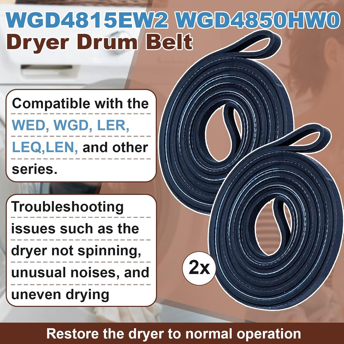 2-Pack 92.25" 4-Rib Replacement Dryer Belt, Compatible With WED4815EW1