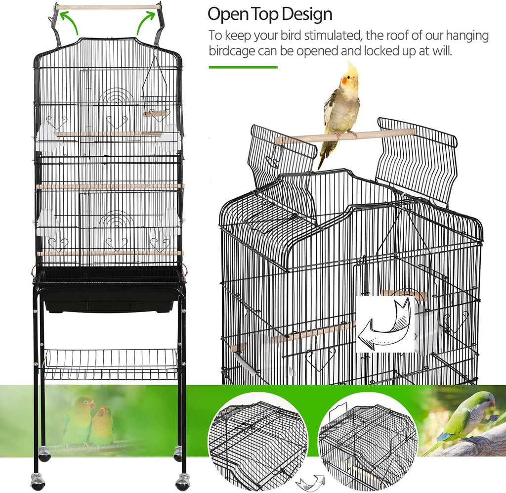 64'' Open Top Bird Cage for Parakeets & Cockatiels, Black | Detachable Rolling Stand with Shelf, Easy Clean Slide Out