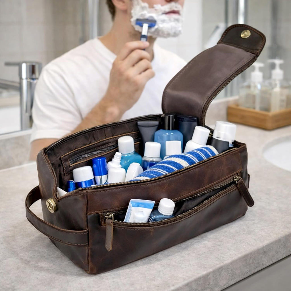 Genuine Buffalo Leather Unisex Toiletry Bag Travel Leather Dopp Kit Made With High Class Buffalo Leather