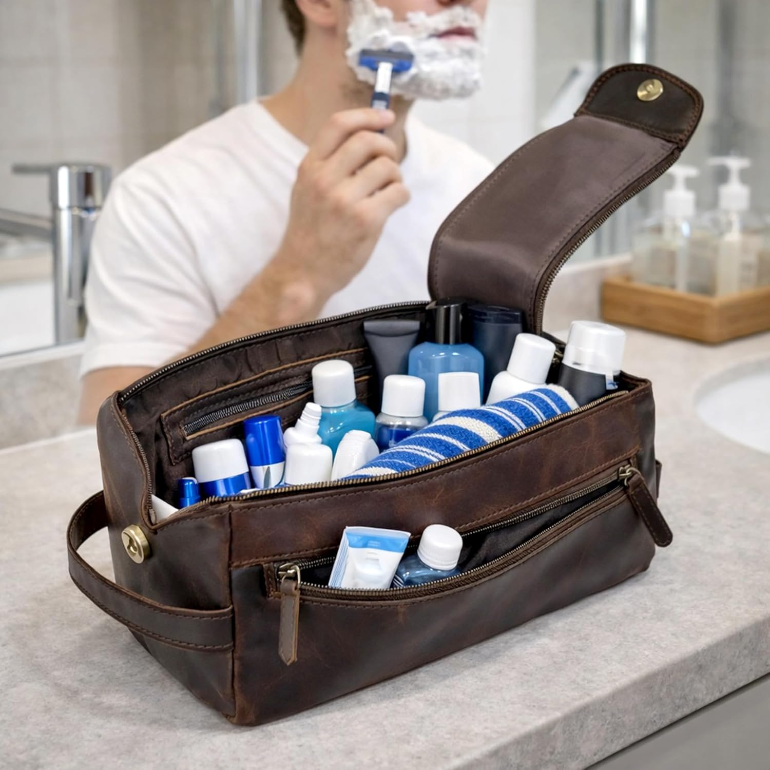 Genuine Buffalo Leather Unisex Toiletry Bag Travel Leather Dopp Kit Made With High Class Buffalo Leather