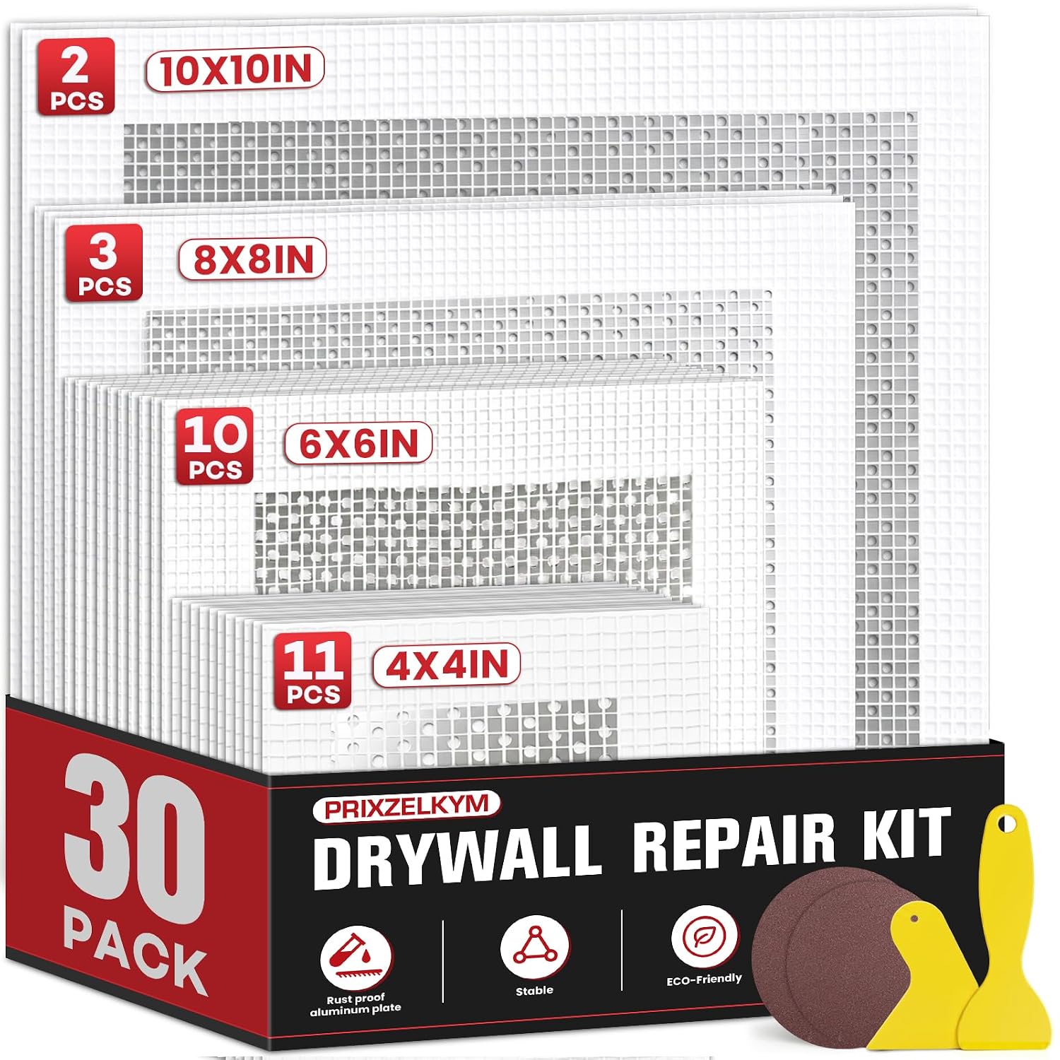 Drywall Repair Kit 30 Pack, 2/4/6/8 inch Drywall Repairs Patch, Dry Wall Patch with Scraper and Sandpaper for Drywall