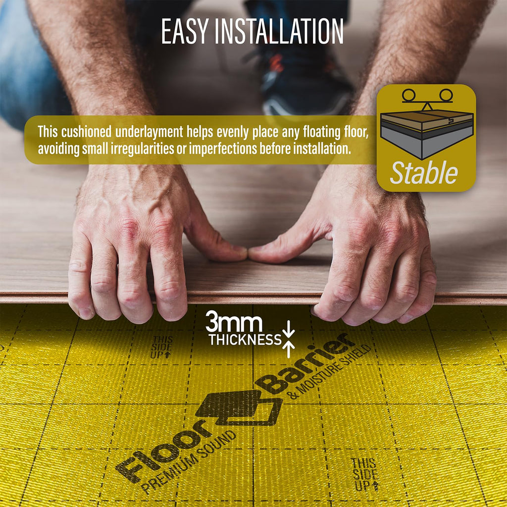 Premium Floor Underlayment with Moisture Barrier – 200 sq ft Roll, 3mm Thick – Quiets Foot Traffic Noise, Under Floor