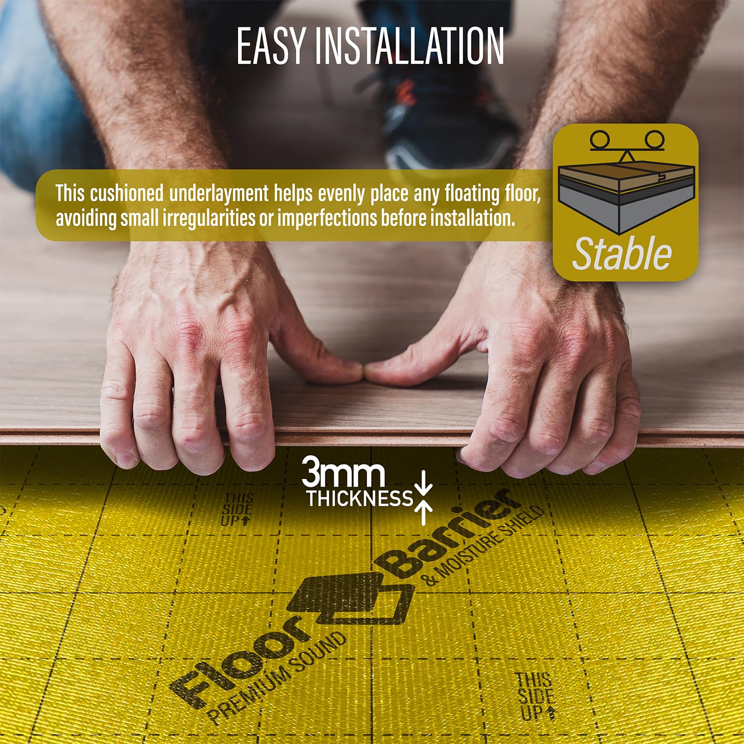 Premium Floor Underlayment with Moisture Barrier – 200 sq ft Roll, 3mm Thick – Quiets Foot Traffic Noise, Under Floor
