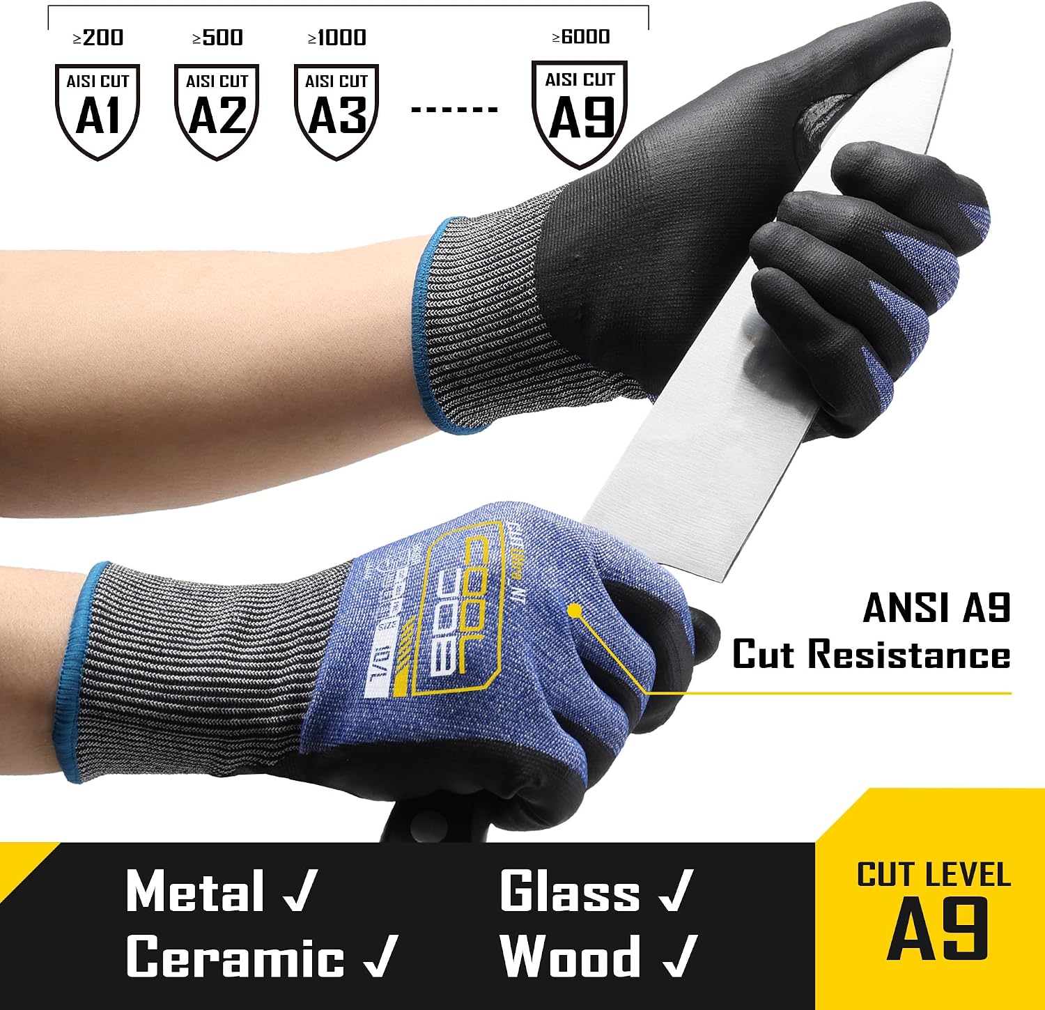 A9 Cut Resistant Safety Work Gloves with Grip, Touchscreen Nitrile Coated Heavy-duty for Glass Metal Sheet Handling