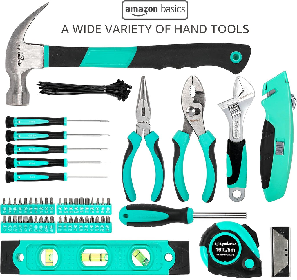 104-Piece Home Repair Household Tool Set with Easy Carrying Round Pouch, Portable Hand Tool Kit, Turquoise, 14.4 x